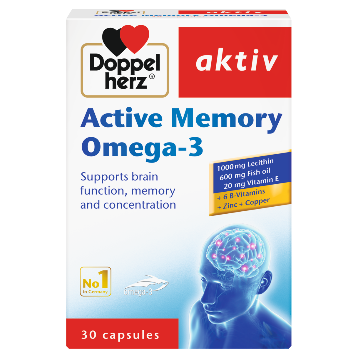 Illustration of the product packaging Doppelherz aktiv Active Memory Omega-3 front view